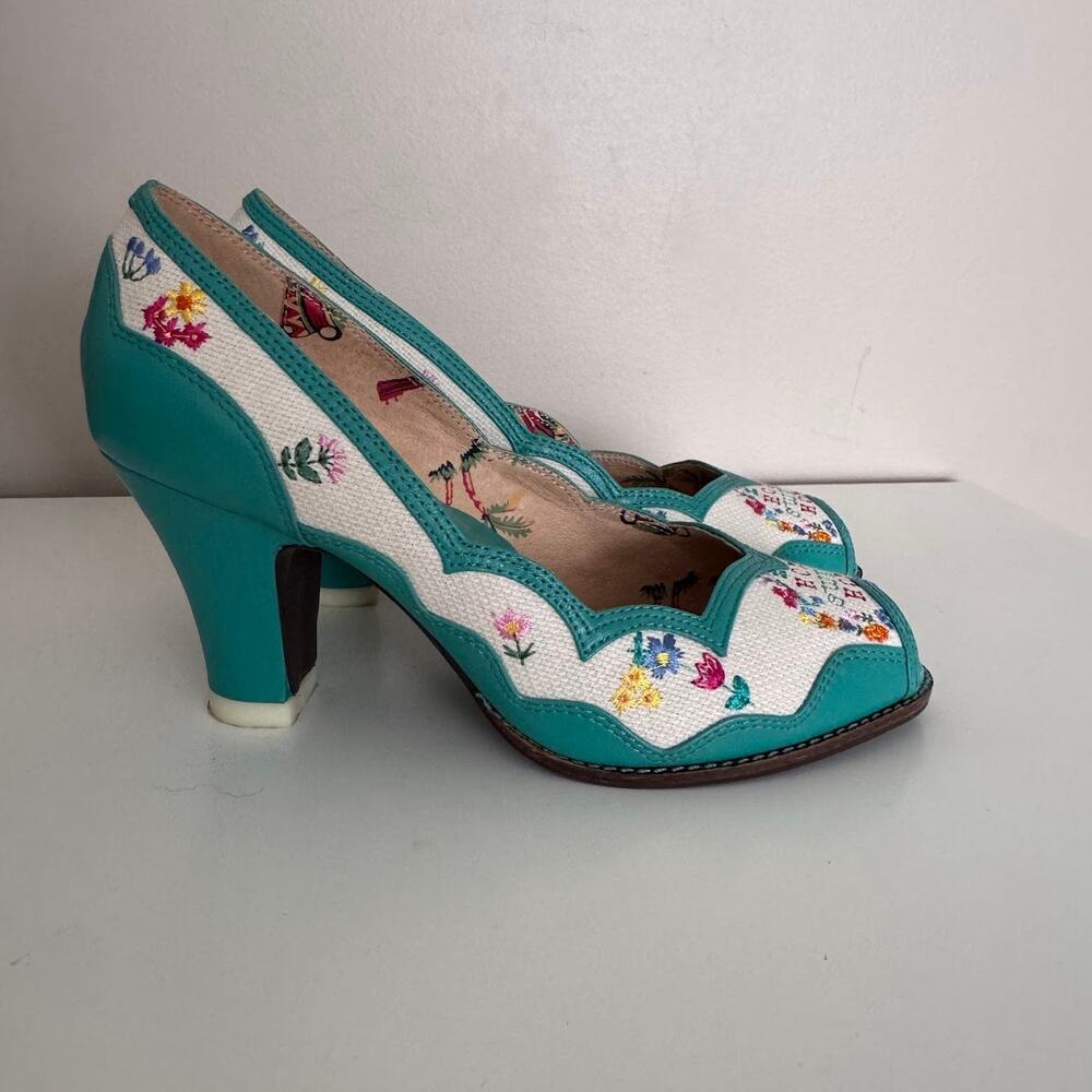 Miss L Fire Home Sweet Home Peep Toe Heels Retro Needlepoint Size EU 36 US 6 - Picture 5 of 12